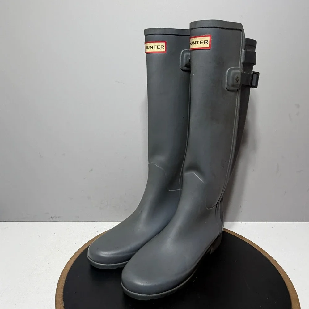 Hunter Rain Slate Boots Women 8 Grey Navy Blue Tall‎ Waterproof Matte Buckle